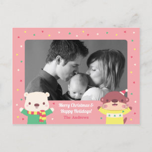 Cartão Postal De Convite Fofa Foto de Natal de Urso Polar e Lontra