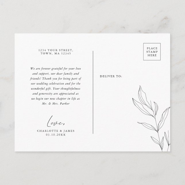 Cartão Postal De Convite Folhagem de Arte de Linha Folha de Obrigado Cartaz (Verso)