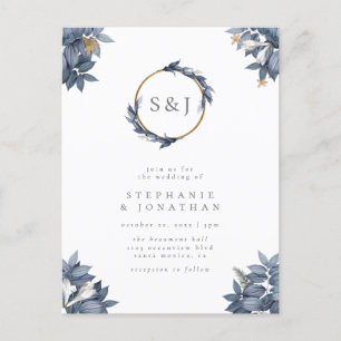 Cartão Postal De Convite Folhas Azuis Dusty e Casamento Dourado de Monogram