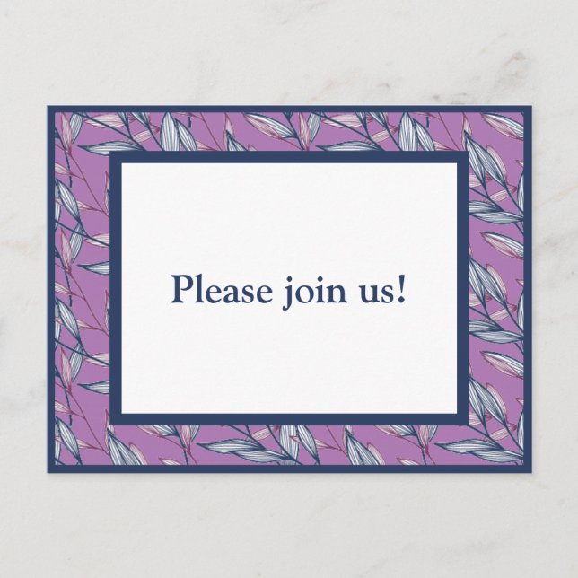 Cartão Postal De Convite Folhas Azuis e Roxas  (Frente)