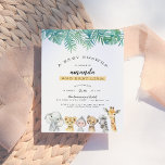 Cartão Postal De Convite Folhas de Palma e Animais Selvagens Chá de fraldas<br><div class="desc">Convide seus amigos e família para este dia especial com este design tropical. Este convite apresenta as folhas de aquarela e monstera ao longo da parte superior da carta e um elefante desenhado à mão, leão, macaco, gueba, zebra e girafa ao longo do fundo. Seus detalhes de chá personalizados aparecem...</div>