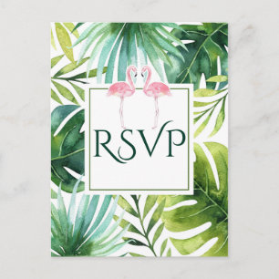 Cartão Postal De Convite Folhas Tropicais & Flamingos RSVP de Casamento de 