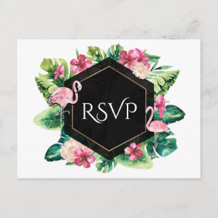 Cartão Postal De Convite Folhas Tropicais Hibisco Flamingos Casamento RSVP