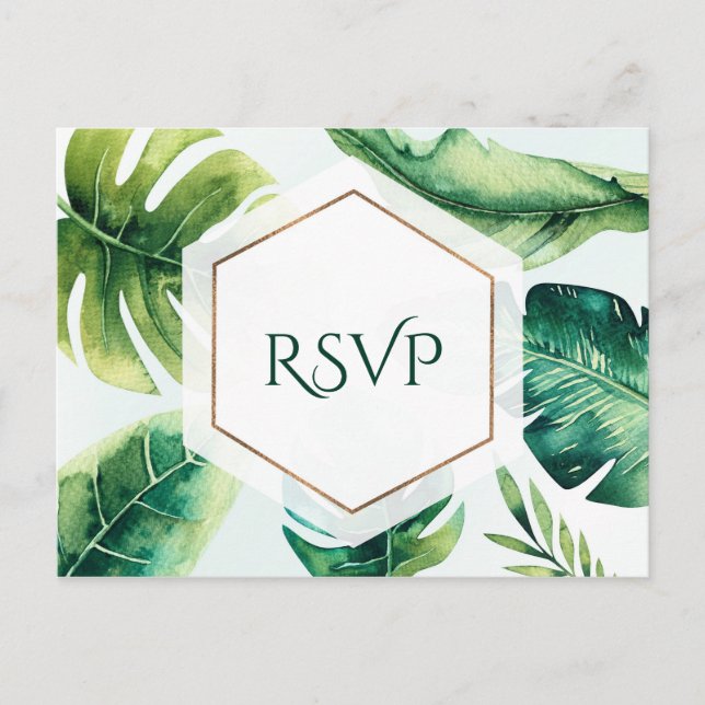 Cartão Postal De Convite Folhas Tropicais Verdes RSVP de Casamento Branco E (Frente)