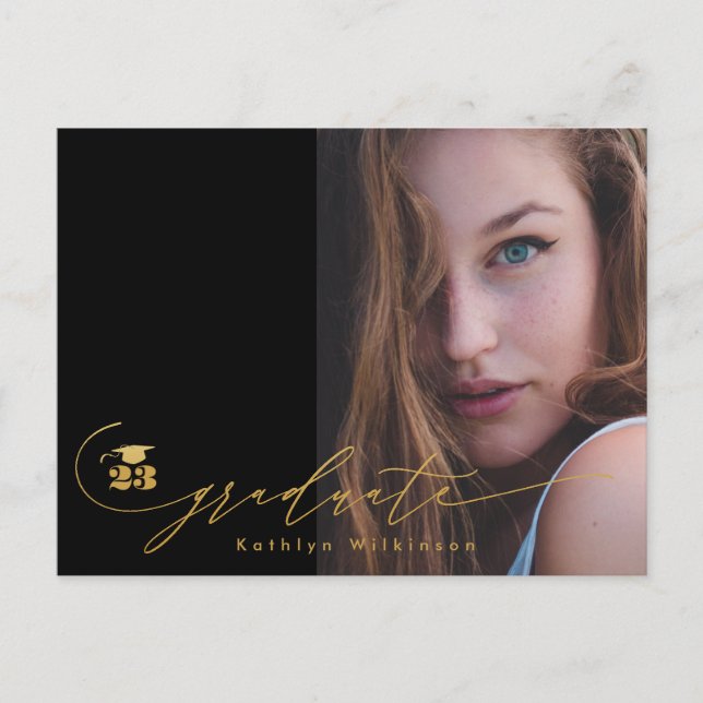 Cartão Postal De Convite Formando de Foto Mínima Preta Dourada Moderna (Frente)