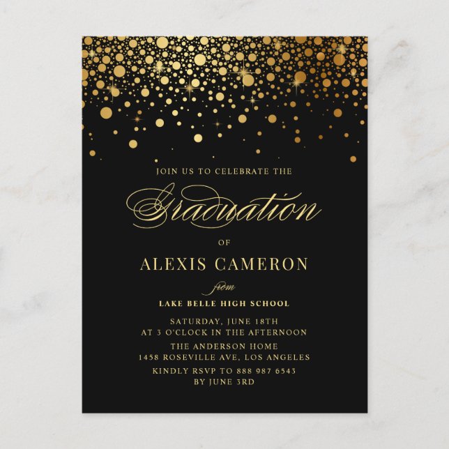 Cartão Postal De Convite Formatação Negra Elegante Faux Gold Foil Confetti (Frente)