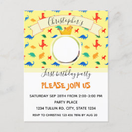 Cartão Postal De Convite Foto colorida do bebê primeiro aniversario Dinossa