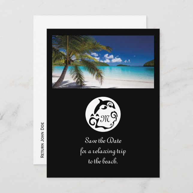 Cartão Postal De Convite Foto de Monograma de Silhueta de Golfinho Preto (Frente/Verso)