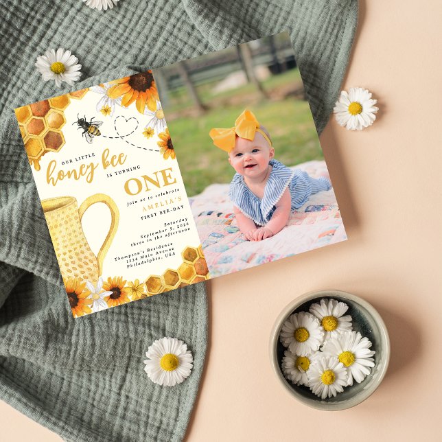 Cartão Postal De Convite Foto de primeiro aniversario de Aquarela de Abelha (Criador carregado)