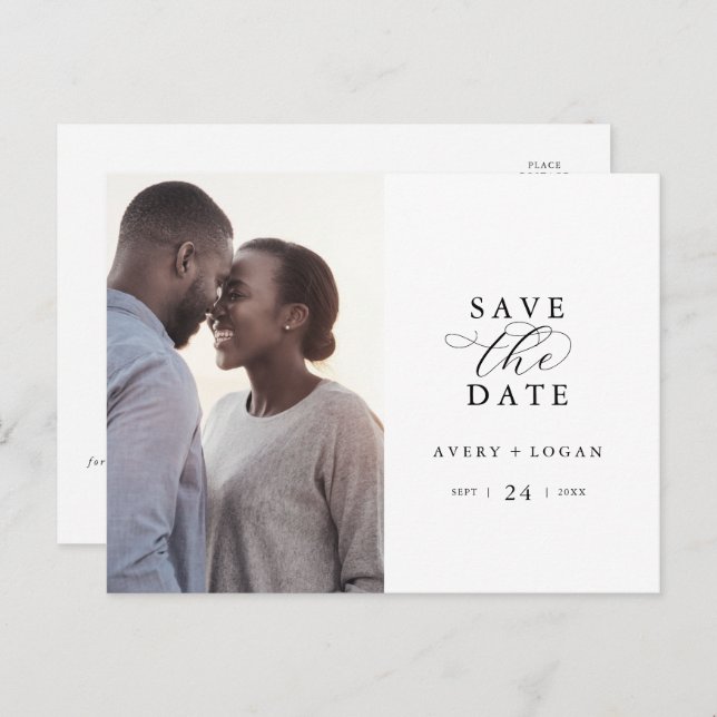 Cartão Postal De Convite Foto do Script Elegante Salvar a Data (Frente/Verso)