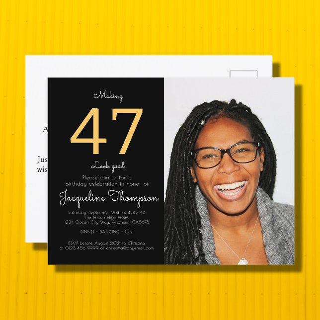 Cartão Postal De Convite Foto Dourada de Aniversário Preto (Criador carregado)