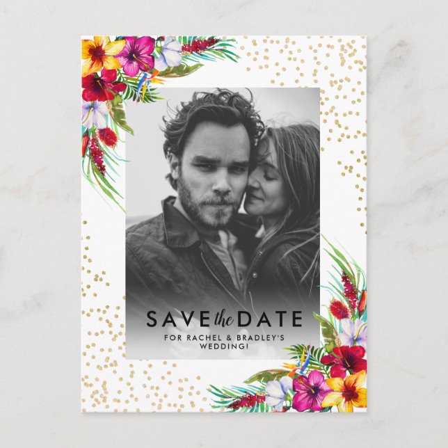 Cartão Postal De Convite Foto Dourada Tropical Casamento Salva a Data (Frente)