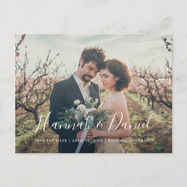 Cartão Postal De Convite Foto personalizada de script branco moderno Salvar (Frente)