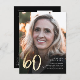 Cartão Postal De Convite Foto preta e Dourada do 60º aniversário moderno