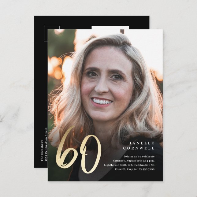 Cartão Postal De Convite Foto preta e Dourada do 60º aniversário moderno (Frente/Verso)