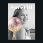 Cartão Postal De Convite * FOTO Sweet 16 Birthday Rosa Balloon AP29<br><div class="desc">(procure designs semelhantes no AP29 em vários produtos) ((Este design pode ser facilmente adaptado a QUALQUER IDADE ou EVENTO )) Consulte a página se precisar de ajuda. *~* Cartão-postal melhorado com energia / placa de Posto. Altere / Edite o texto e a FOTO da doce 16 Birthday Girl. Abstrato Artsy...</div>