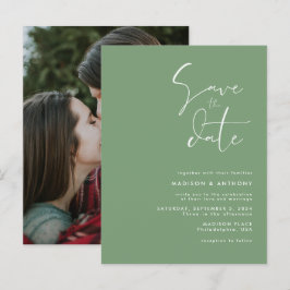 Cartão Postal De Convite Fotos de casamento minimalista em verde salva data