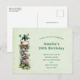 Cartão Postal De Convite Frog with Green Hat and Shamrock Cute Birthday
