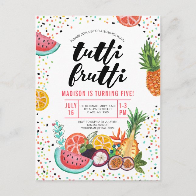 Cartão Postal De Convite Fruta tropical amarela multi cor Tutti Frutti (Frente)