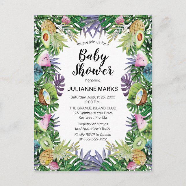 Cartão Postal De Convite Fruta tropical | Chá de fraldas de Verão (Frente)