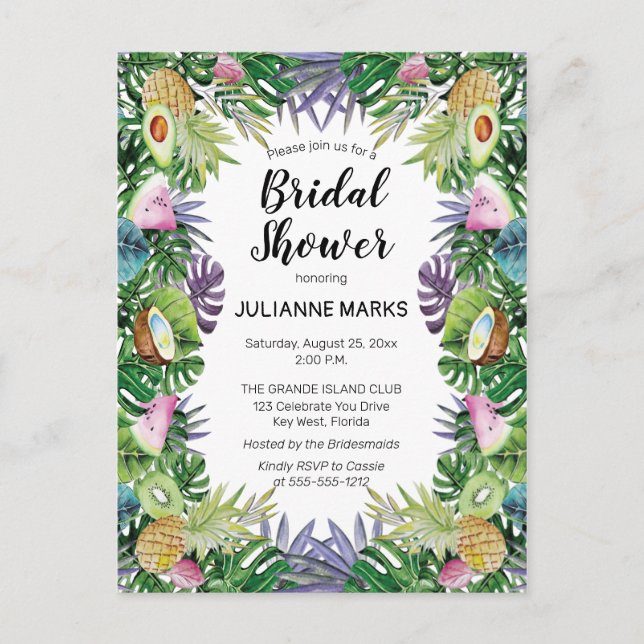 Cartão Postal De Convite Fruta tropical | Chá de panela Greenery Summer (Frente)
