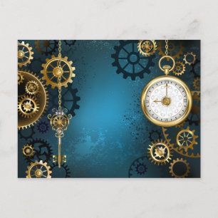 Cartão Postal De Convite Fundo azul turquesa Steampunk com engrenagens