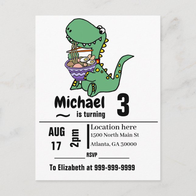 Cartão Postal De Convite Funny T-rex Dinosaur eating Ramen Noodles (Frente)