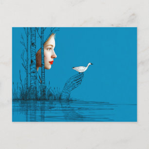 Cartão Postal De Convite Ganso de neve e mulher, arte de linha minimalista