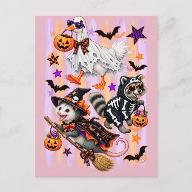 Cartão Postal De Convite Ganso Mapache Gambá Listrado de Halloween (Frente)