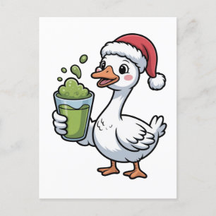 Cartão Postal De Convite Ganso Segurando Bebida de Matcha Vestindo Chapéu d
