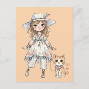 Cartão Postal De Convite Garota fashionista passeando com seu gato
