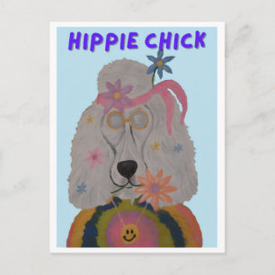 Cartão Postal De Convite Garota Hippie Poodle Criança Flor 