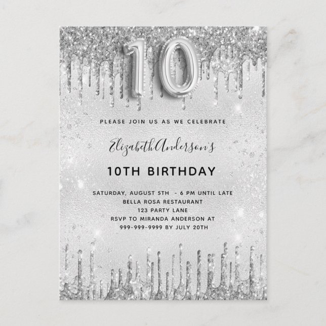 Cartão Postal De Convite Garota reluzente de prata do 10º aniversário (Frente)