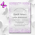 Cartão Postal De Convite Garotas-borboleta-violeta-prateada de aniversário<br><div class="desc">Um convite de aniversário moderno,  elegante e minimalista. Fundo de aspecto fino prateado decorado com faíscas de brilho púrpura e borboletas e borboletas como marca d'água. Personalize e adicione seus nomes e detalhes do casamento. Letras pretas coloridas.</div>