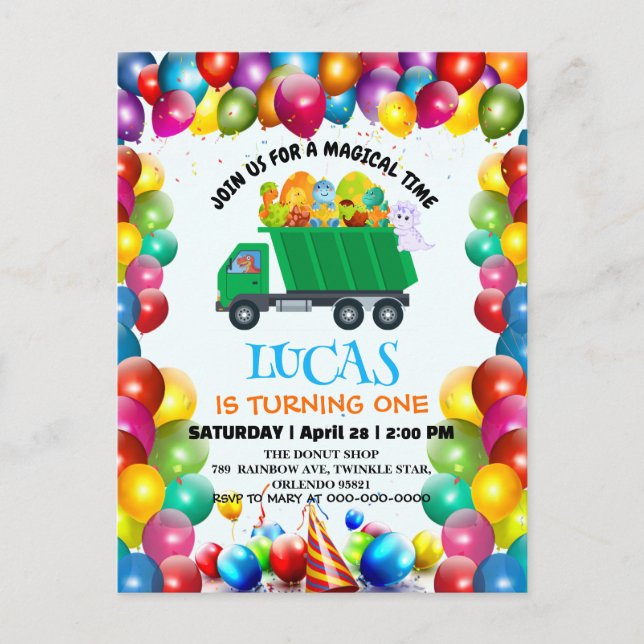 Cartão Postal De Convite Garoto de balões de lixo do Dinossaur (Frente)