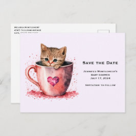 Cartão Postal De Convite Gatinho Bonito em Teacup com Corações Salve a Data