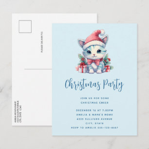 Cartão Postal De Convite Gatinho Fofo de Chapéu de Papai Noel Festa de Nata