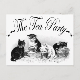 Cartão Postal De Convite Gatinhos do Tea Party