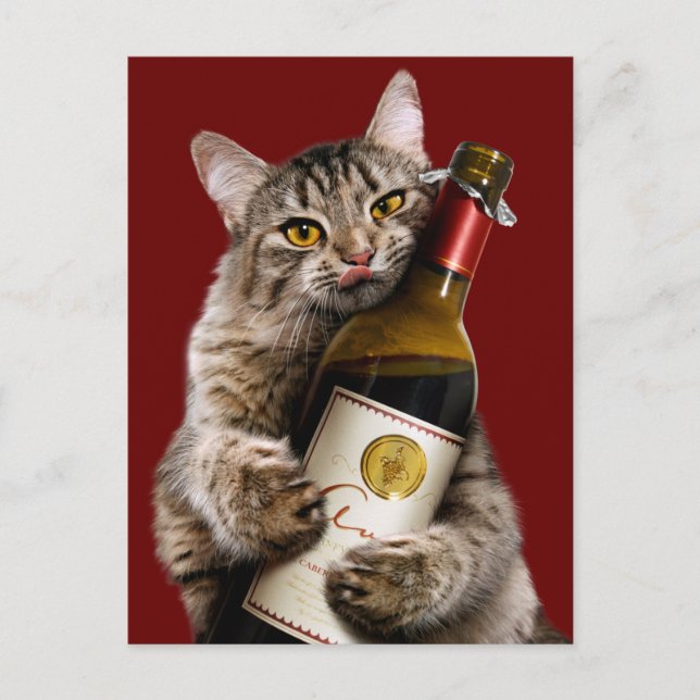 Cartão Postal De Convite Gato Com Garrafa De Vinho (Frente)