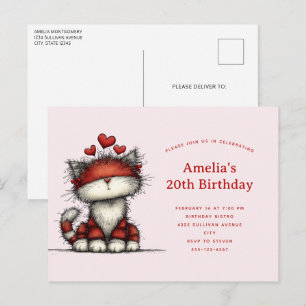 Cartão Postal De Convite Gato Fofo com Corações de Amor Vermelhos Aniversár