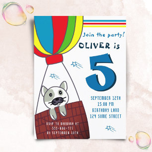Cartão Postal De Convite Gato Fofo em Balão de Ar Quente Aniversário de Men
