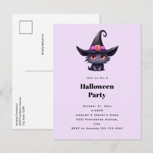 Cartão Postal De Convite Gato Negro Bonito em Festa de Chapéu de Bruxa