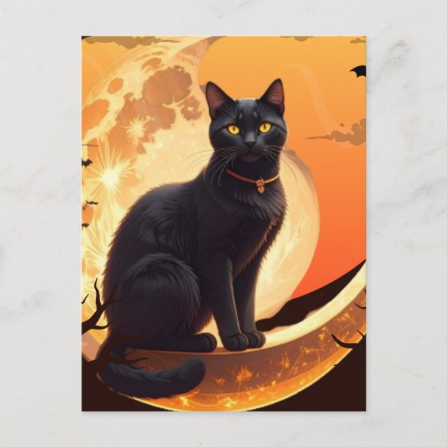 Cartão Postal De Convite Gato Negro Moderno do Halloween (Frente)