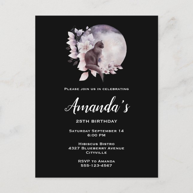 Cartão Postal De Convite Gato Negro na frente de um aniversário de Lua Mági (Frente)