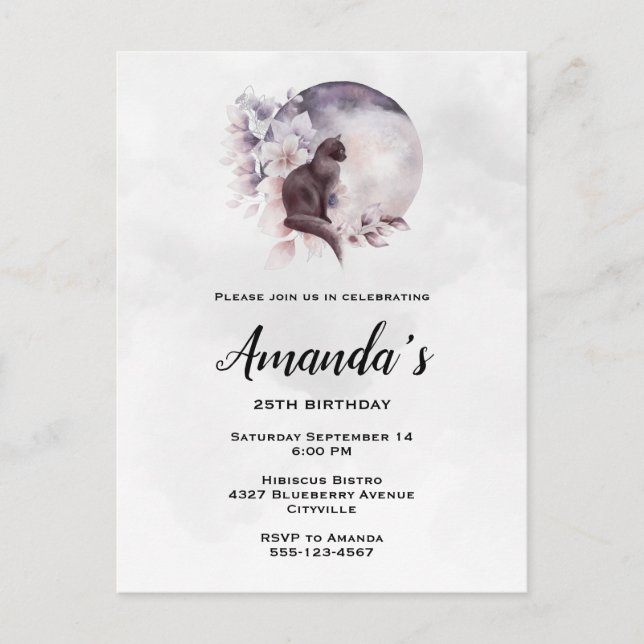 Cartão Postal De Convite Gato Negro na frente de um aniversário de Lua Mági (Frente)