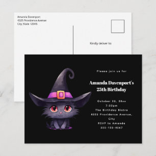 Cartão Postal De Convite Gato preto bonito Vestindo o chapéu de bruxa