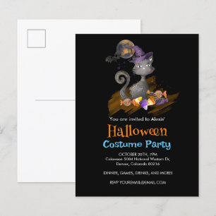 Cartão Postal De Convite Gato Preto de Aquarela com doces, Halloween