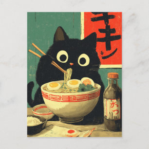 Cartão Postal De Convite Gato Preto Engraçado Comendo Ramen