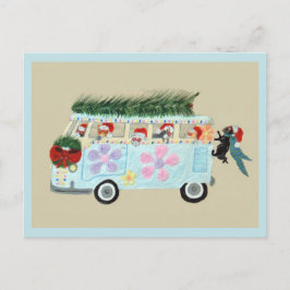 Cartão Postal De Convite Gatos Loucos na sua Van Hippie de Natal