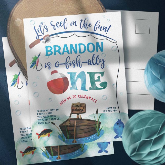 Cartão Postal De Convite Gêmeos O-fish-Ally primeiro aniversario, Pequeno P (Fishing themed, o fish ally, 1st birthday postcard invitation. Gone fishing.)